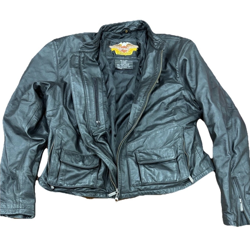 Harley-Davidson Black Leather Jacket Womens XL Lace Up Back Genuine Leather